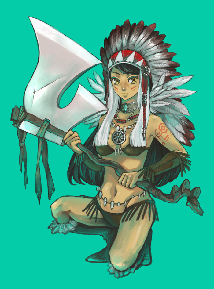 axe beads bikini black_hair boots choker dark_skin detached_sleeves feathers fringe_trim headdress jewelry native_american native_american_headdress noja one_knee original simple_background solo swimsuit teeth tribal warbonnet warrior weapon yellow_eyes