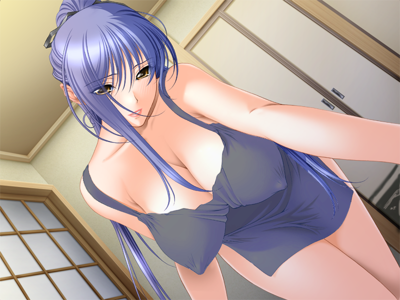 1girl bare_shoulders blue_hair blush breasts cleavage dress erect_nipples game_cg indoors large_breasts long_hair looking_at_viewer neev no_bra ogushi_yuniko ponytail sano_toshihide smile solo standing yellow_eyes