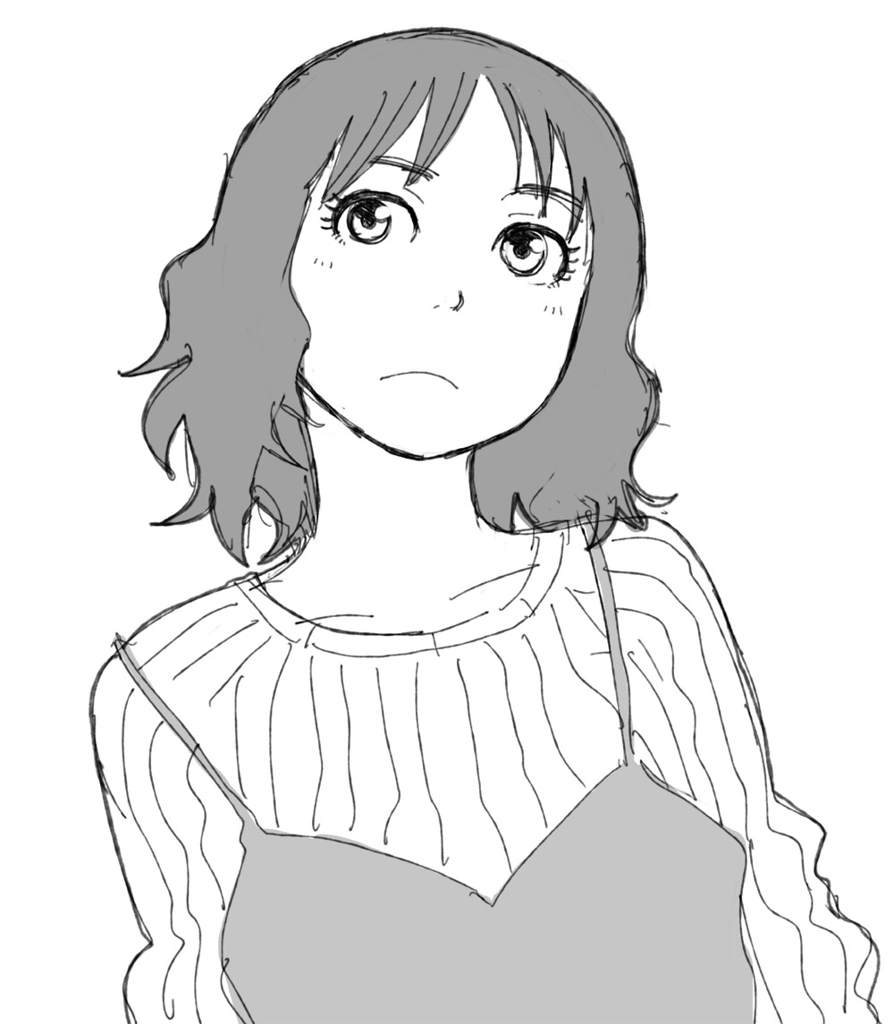camisole frown greyscale looking_up monochrome naotan original short_hair sweater wavy_hair