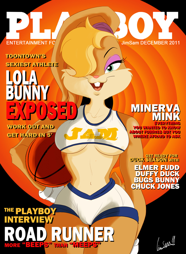 basketball blonde_hair blue_eyes breasts camel_toe clothed clothing cover english_text female front hair hair_over_eye jimsam-x lagomorph lola_bunny looking_at_viewer magazine magazine_cover mammal navel open_mouth playboy rabbit skimpy solo space_jam teeth text tongue under_boob warner_brothers