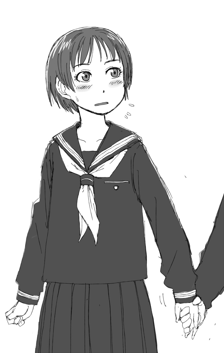 blush embarrassed flying_sweatdrops greyscale highres holding_hands looking_at_another monochrome naotan original school_uniform serafuku short_hair