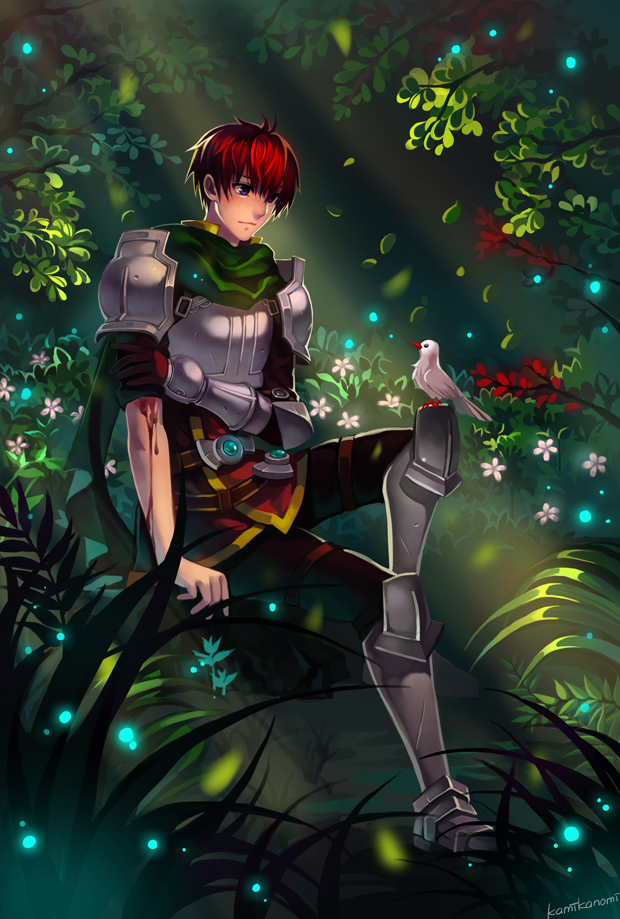 adol_christin arm_grab armor bird blood boots flower gauntlets gloves greaves injury kamikanomi knee_boots male_focus nature pants purple_eyes red_hair scarf shoulder_pads single_glove sitting smile solo ys