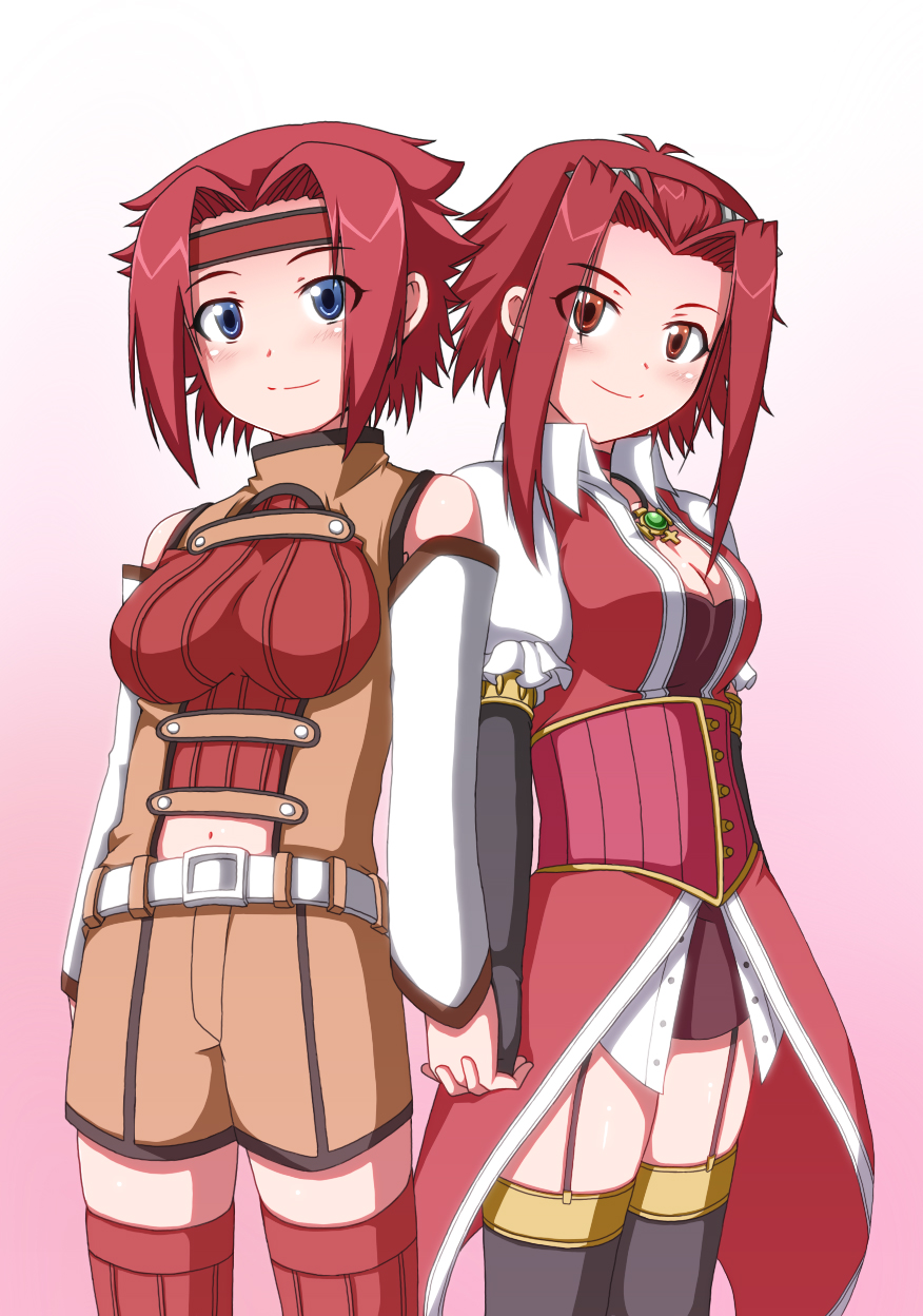 2girls blue_eyes blush code_geass crossover hand_holding highres izayoi_aki kallen_stadtfeld kiriya_obu_gn multiple_girls red_hair smile trait_connection yu-gi-oh! yuu-gi-ou_5d's yuu-gi-ou_5d's