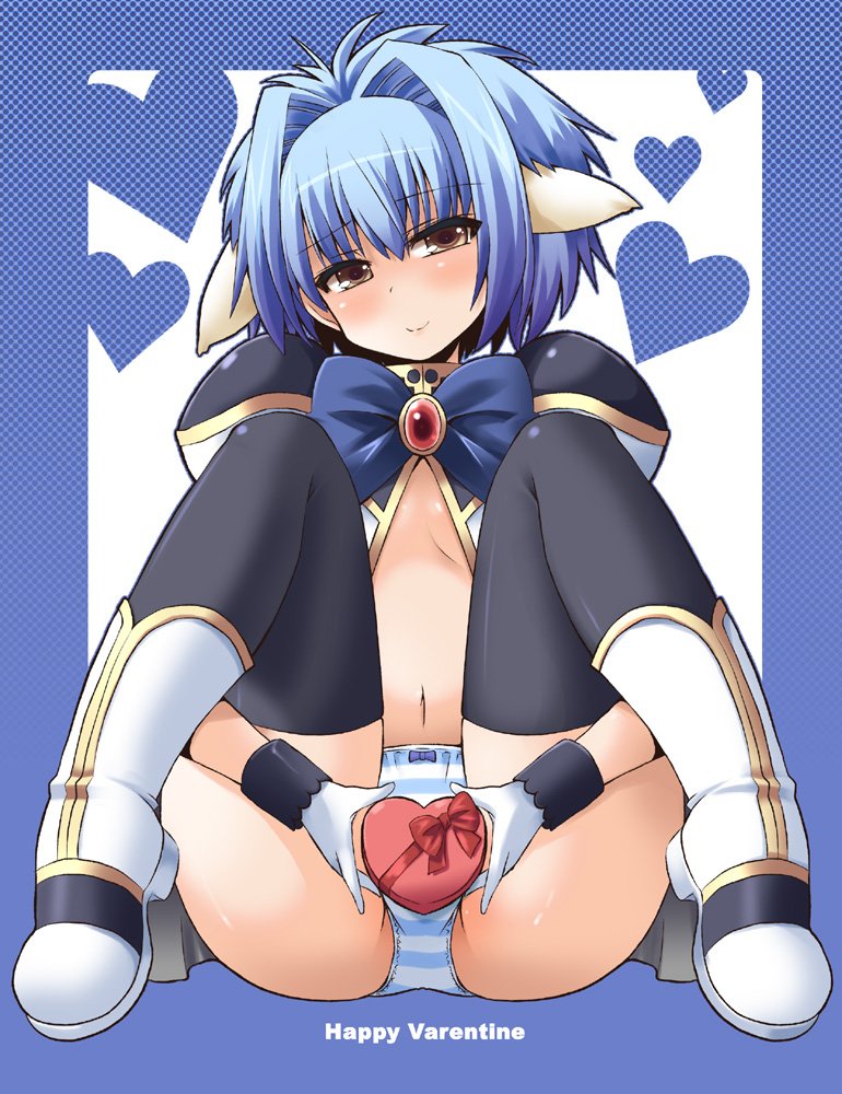 animal_ears ass blue_hair blue_panties blush boots bow box breasts brooch brown_eyes frame galaxy_angel gift gift_box gloves happy_valentine head_tilt heart heart-shaped_box jewelry medium_breasts mint_blancmanche navel no_pants open_clothes open_shirt panties puffy_sleeves shinshin shirt short_hair smile solo spread_legs striped striped_panties thighhighs underboob underwear valentine white_gloves white_legwear