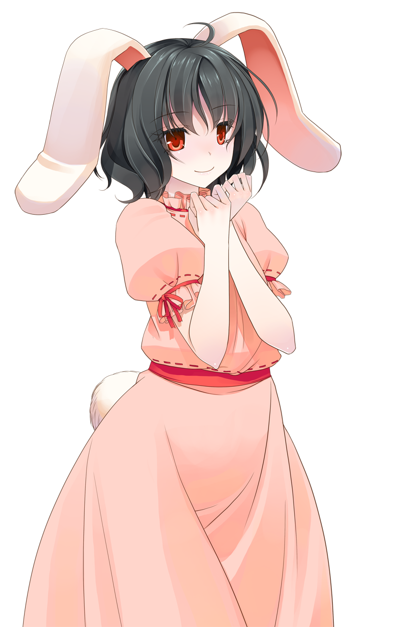ahoge animal_ears black_hair bunny_ears bunny_tail crote dress highres inaba_tewi pink_dress puffy_sleeves red_eyes short_hair short_sleeves smile solo tail touhou transparent_background