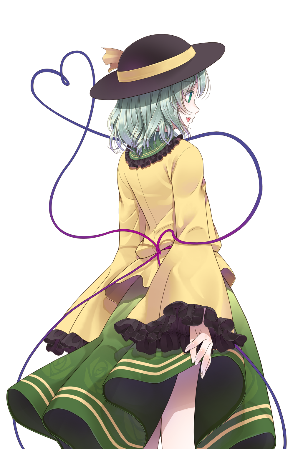 back crote green_eyes green_hair hat hat_ribbon heart heart_of_string highres komeiji_koishi long_sleeves open_mouth ribbon shirt short_hair sideways_mouth skirt smile solo touhou transparent_background wide_sleeves
