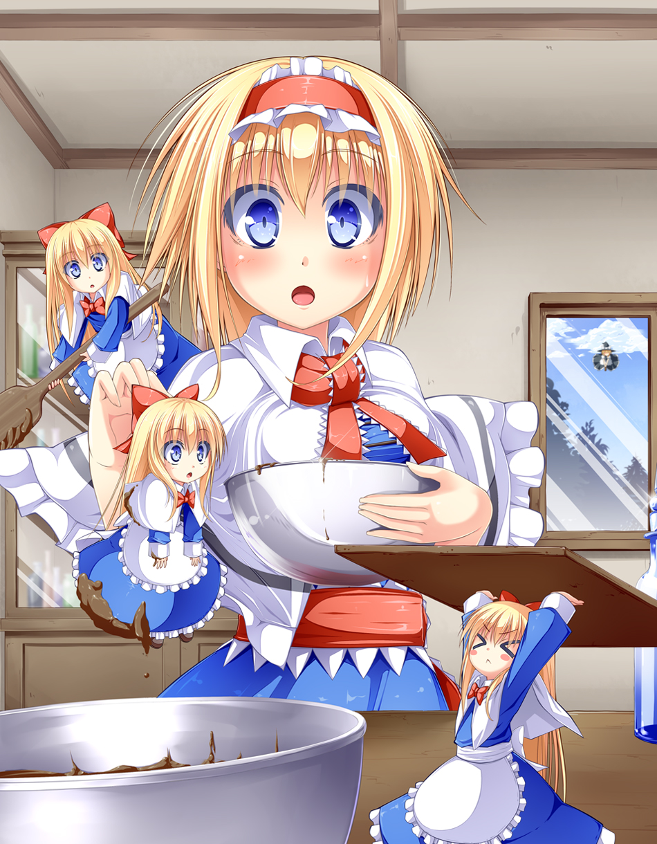 &gt;_&lt; alice_margatroid anni_minto apron arms_up black_legwear blue_dress blue_eyes blue_sky blush bow bowl broom broom_riding capelet chocolate chocolate_covered chocolate_making closed_eyes cloud dress flying hair_bow hairband hat highres kirisame_marisa kitchen long_hair looking_at_viewer multiple_girls open_mouth sash shanghai_doll short_hair sky touhou tree valentine waist_apron window witch witch_hat