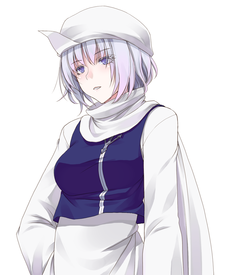 apron breasts crote hand_on_hip hat lavender_eyes lavender_hair letty_whiterock long_sleeves medium_breasts open_mouth scarf short_hair solo touhou transparent_background white_scarf wide_sleeves