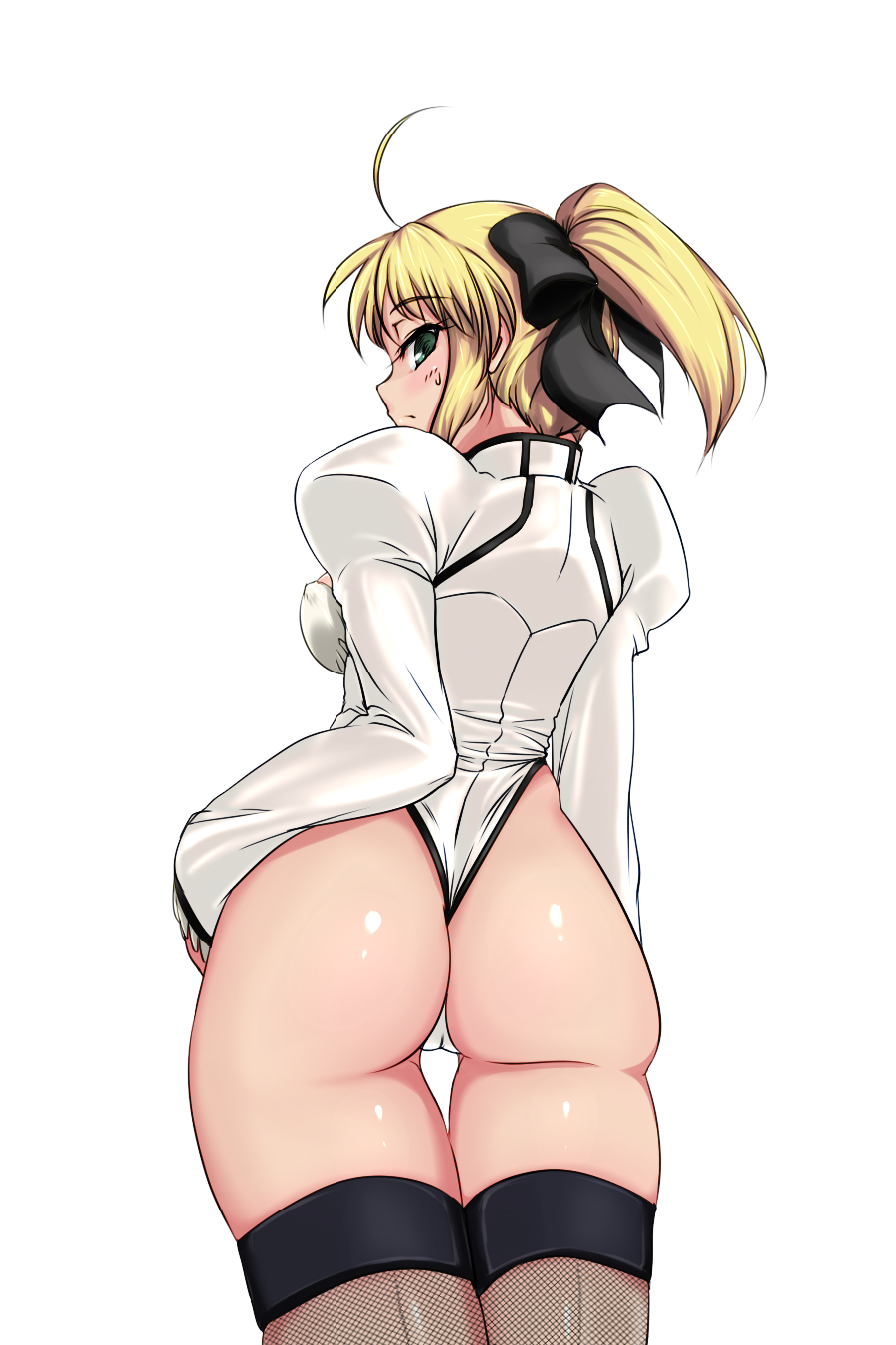 ahoge artoria_pendragon_(all) ass black_legwear blonde_hair blush cameltoe fate/stay_night fate/unlimited_codes fate_(series) green_eyes hair_ribbon haruhisky highres looking_back ribbon saber saber_lily shiny shiny_skin solo standing sweat thighhighs