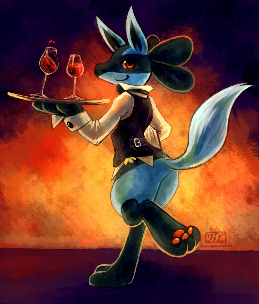 abstract_background alcohol beverage blush bottomless clothed clothing digitigrade half-dressed haychel hindpaw looking_at_viewer looking_back lucario male nintendo pawpads paws pok&#233;mon pok&eacute;mon red_eyes soles solo standing toes video_games waiter wine