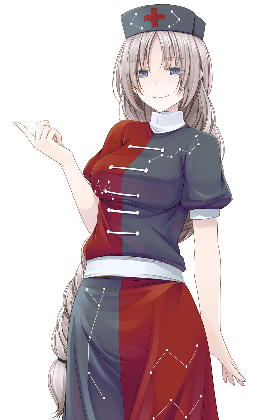 blue_eyes braid breasts crote hat highres large_breasts long_hair looking_at_viewer puffy_sleeves shirt short_sleeves silver_hair skirt smile solo touhou transparent_background very_long_hair yagokoro_eirin