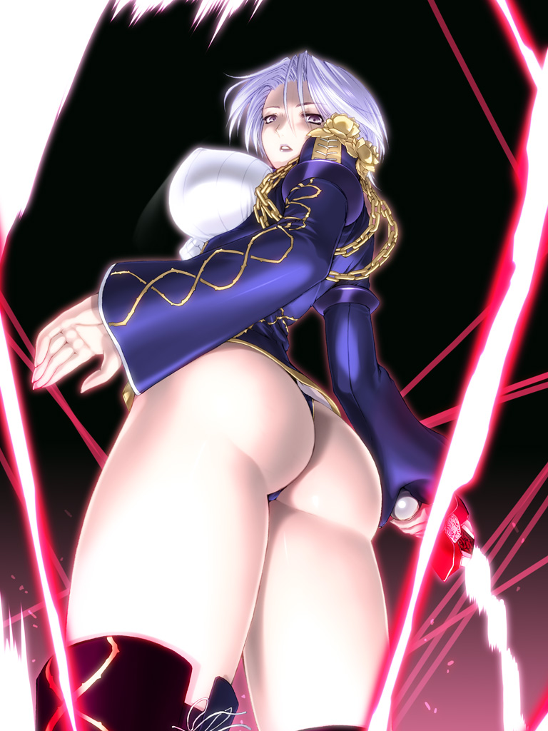 ass boots bouncing_breasts breasts isabella_valentine large_breasts looking_down miss_black panties purple_eyes short_hair solo soulcalibur thong underwear whip_sword white_hair