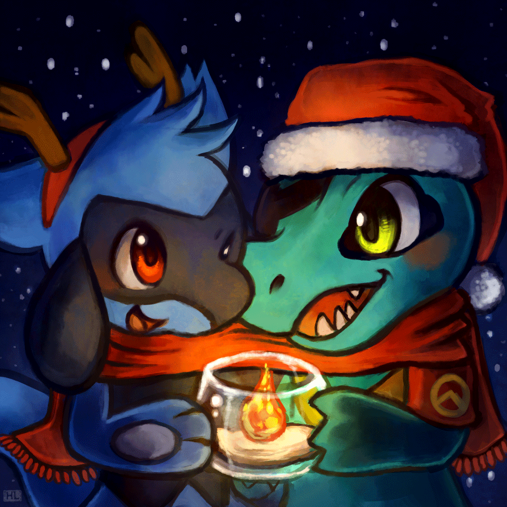 animated christmas couple feral fire green_eyes haychel holidays nintendo pok&#233;mon pok&eacute;mon red_eyes riolu snow totodile video_games