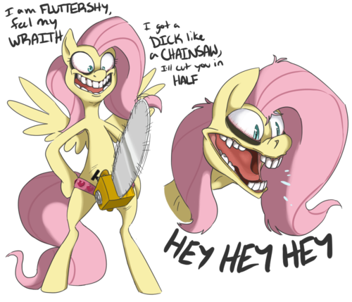 alpha_channel blue_eyes chainsaw creepy dialog dildo english_text equine female fluttershy_(mlp) friendship_is_magic fur hair male mammal my_little_pony nightmare_fuel pegasus pink_hair sex_toy shed.mov solo strapon text wings yellow_fur