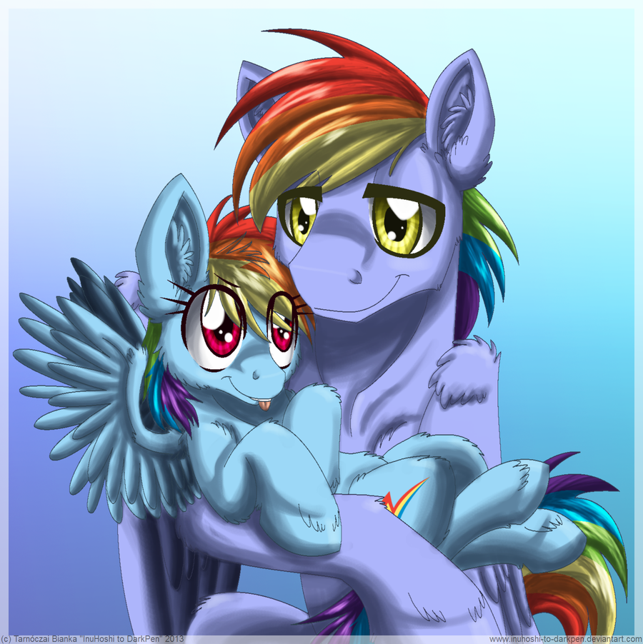 cutie_mark duo equine father_and_daughter female feral fluffy friendship_is_magic hair holding horse hug inuhoshi-to-darkpen male mammal multi-colored_hair my_little_pony pegasus pony purple_eyes rainbow_dad rainbow_dash_(mlp) rainbow_hair tongue tongue_out wings yellow_eyes young