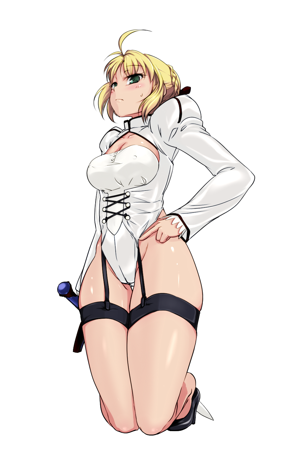 artoria_pendragon_(all) blonde_hair blush breasts covered_nipples fate/stay_night fate/unlimited_codes fate_(series) garter_straps green_eyes haruhisky high_heels highres medium_breasts ribbon saber saber_lily shoes solo sweatdrop sword weapon