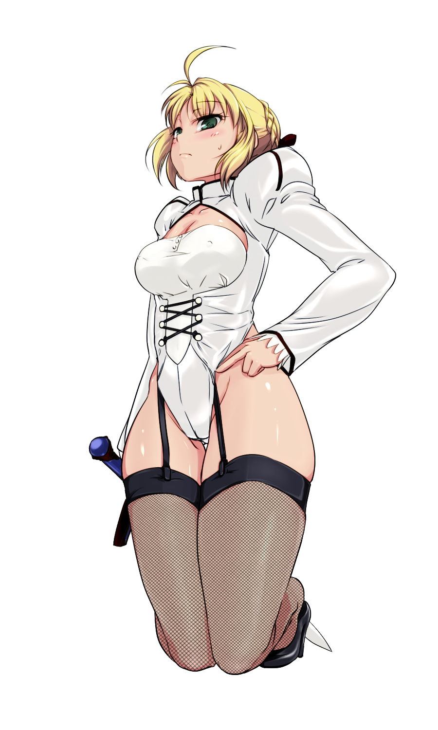 artoria_pendragon_(all) blonde_hair blush breasts covered_nipples fate/stay_night fate/unlimited_codes fate_(series) fishnets garter_straps green_eyes haruhisky high_heels highres medium_breasts ribbon saber saber_lily shoes solo sweatdrop sword thighhighs weapon