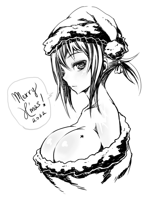 2012 bare_shoulders breast_tattoo breasts bursting_breasts christmas cleavage copyright_request dress greyscale hat huge_breasts merry_christmas monochrome santa_costume santa_hat short_ponytail solo strapless strapless_dress tattoo vinhnyu