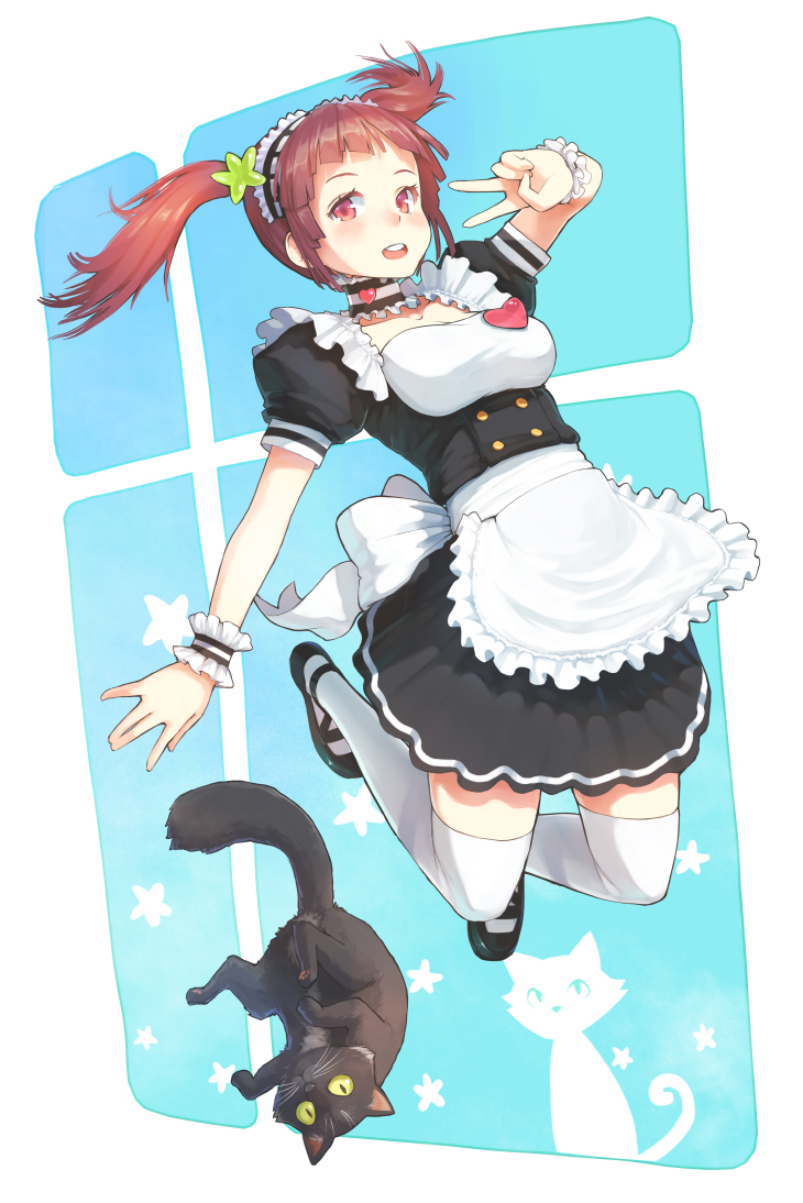 apron bad_id bad_pixiv_id blush brown_eyes brown_hair cat efmoe jumping looking_at_viewer maid maid_headdress open_mouth original short_hair skirt smile solo thighhighs twintails v