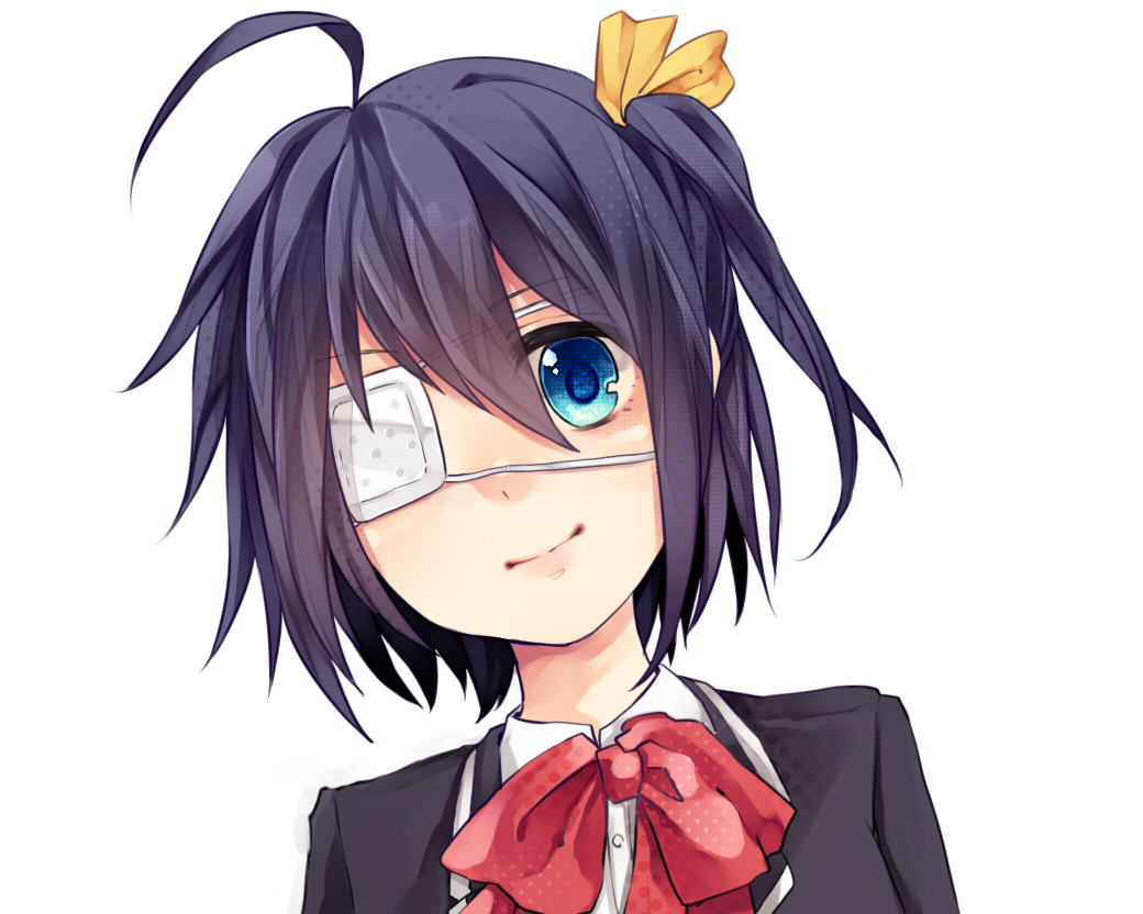 black_hair blue_eyes chuunibyou_demo_koi_ga_shitai! eyepatch one_side_up school_uniform short_hair smile takanashi_rikka wakatsuki_you