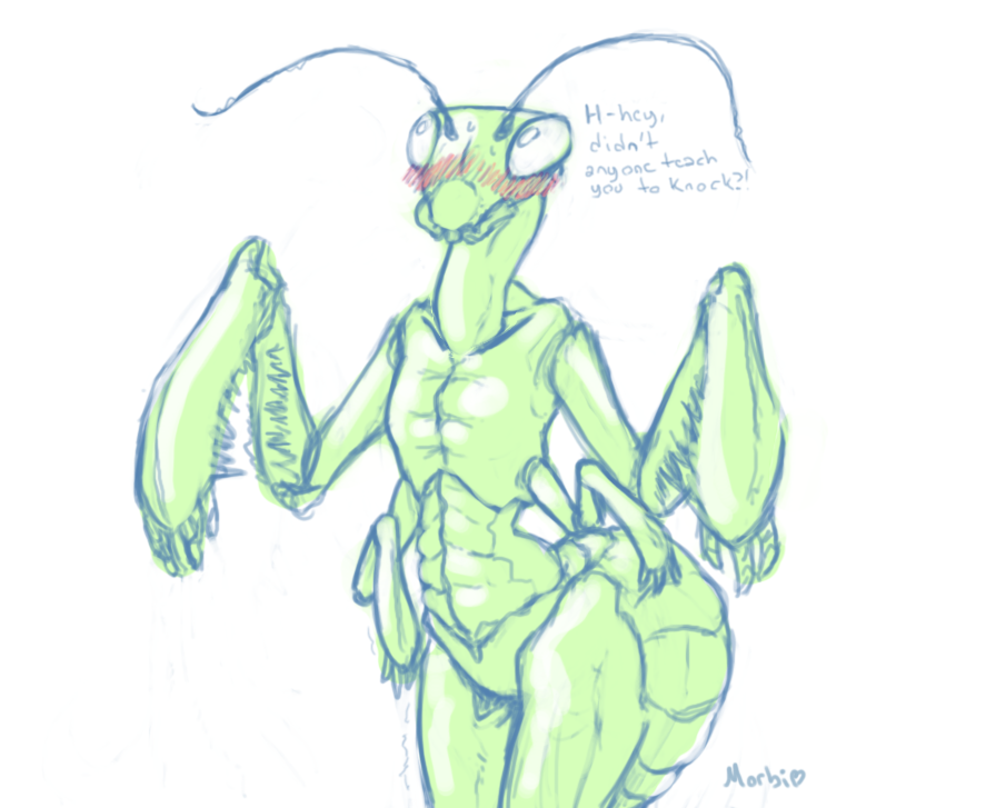 anthro arthropod blush dungeons_&amp;_dragons embarrassed english_text insect insectoid mantid mantis multi_limb multiple_arms open_mouth plain_background solo text thri-kreen white_background