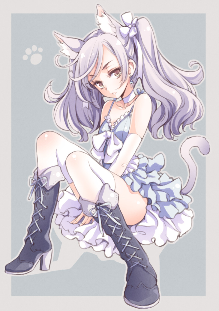animal_ears blush boots brown_eyes cat_ears cat_tail choker cross-laced_footwear hair_ribbon high_heels lace-up_boots long_hair looking_at_viewer original paw_print purple_hair ribbon shoes solo tail thighhighs tokunou_shoutarou twintails white_legwear
