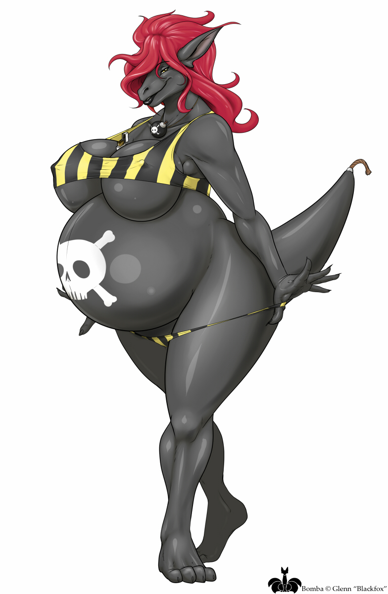 4_toes anthro big_belly big_breasts black_body black_lips blackfox85 body_markings bomb bomba bone breasts canine clothed clothing dragon english_text female fuse hair lighter looking_at_viewer mammal markings naughty_face necklace open_mouth overweight paint panties panties_down panty_pull paws plain_background pose pregnant red_hair shiny short_shirt simple_background skimpy skull solo standing striped_panties striped_shirt teeth text thick_thighs under_boob underwear weapon white_background wide_hips yellow_eyes