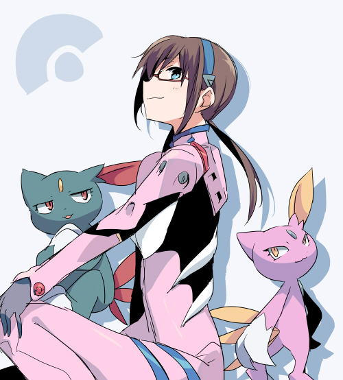 :3 alternate_color bad_id bad_pixiv_id blue_eyes bodysuit brown_hair claws crossover gen_2_pokemon glasses hairband long_hair makinami_mari_illustrious mizuki_(koko_lost) neon_genesis_evangelion pink_bodysuit plugsuit pokemon pokemon_(creature) pokemon_(game) pokemon_gsc rebuild_of_evangelion red-framed_eyewear shiny_pokemon smile sneasel