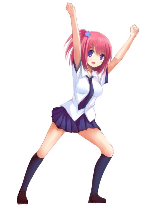:d arms_up bad_id bad_pixiv_id bangs blue_legwear clenched_hands full_body hair_between_eyes hair_ornament haruka_(liong) impossible_clothes impossible_shirt kneehighs liong looking_at_viewer necktie open_mouth original outstretched_arms pink_hair pleated_skirt purple_eyes raised_fists school_uniform shirt shoes short_hair short_sleeves side_ponytail simple_background skirt smile solo star star_hair_ornament tareme white_background