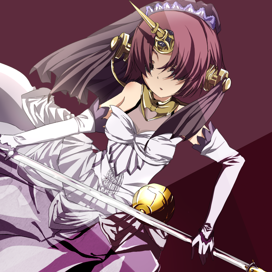 dress elbow_gloves fate/apocrypha fate_(series) frankenstein's_monster_(fate) gloves hair_over_eyes horn kashiko_(drop_out!) long_hair pink_hair solo staff veil white_dress
