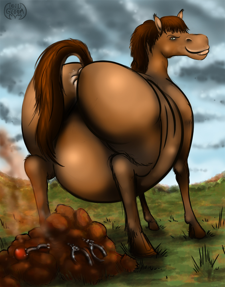 anus big_butt butt buttcheeks digestion disgusting equine f&aelig;ces feces feral gloomthebat grass happened here? horse huge_butt looking_at_viewer looking_back mammal obese overweight presenting presenting_hindquarters scat simple_background smile smirk vore what