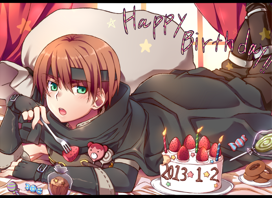 1boy belt boots cake candy cloak cookie cookies dated english fingerless_gloves fire_emblem fire_emblem:_kakusei food fork fruit gaia_(fire_emblem) gaius_(fire_emblem) gloves green_eyes happy_birthday headband lying male male_focus on_stomach open_mouth red_hair short_hair solo strawberry sumaburalove