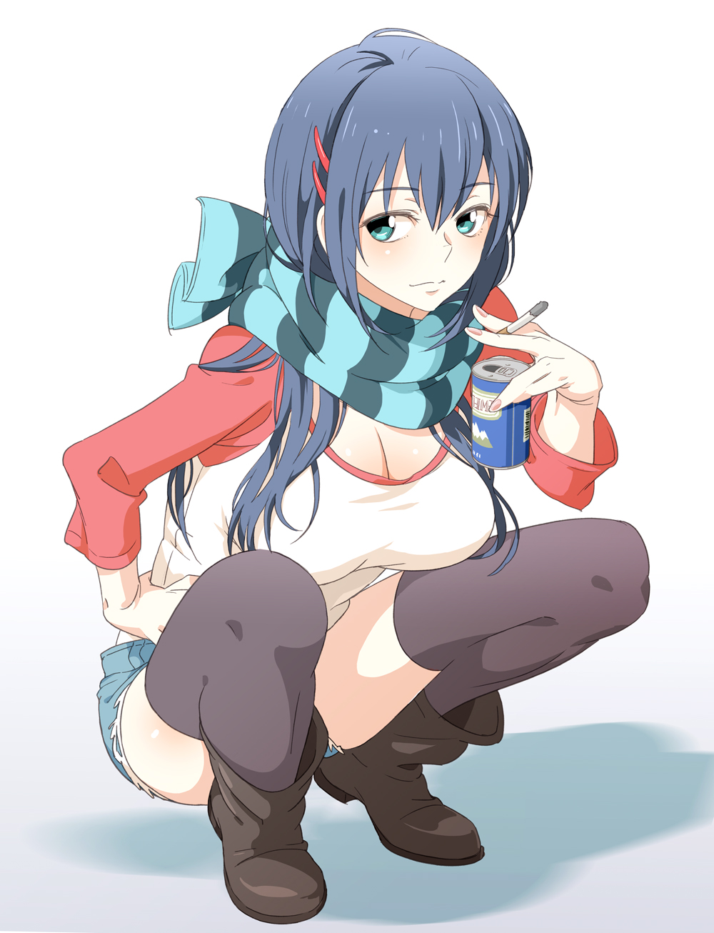 9aki aqua_eyes black_hair boots breasts can cigarette cleavage denim denim_shorts hair_ornament hairclip hand_on_hip highres holding large_breasts original scarf shirt short_shorts shorts solo squatting striped striped_scarf thighhighs