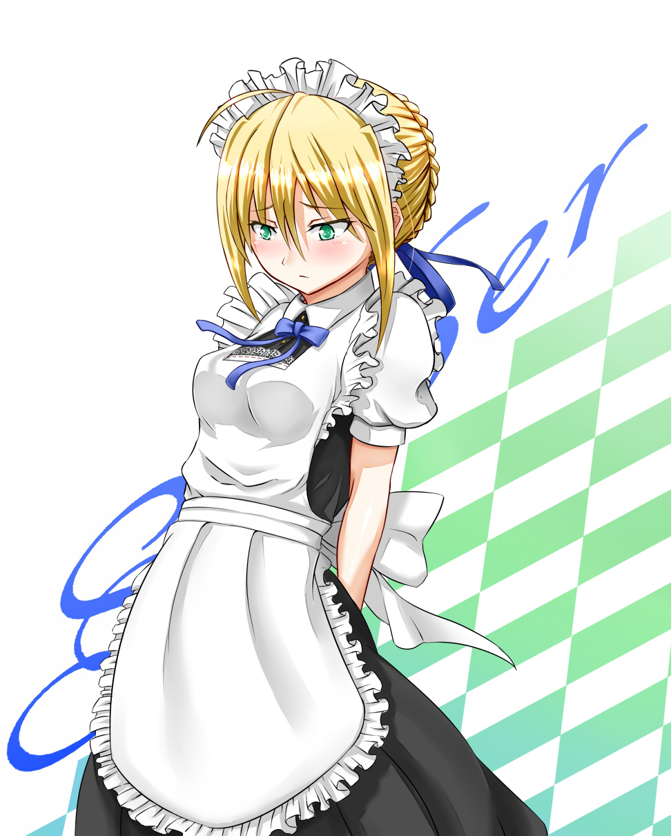 ahoge apron artoria_pendragon_(all) blonde_hair blush bow character_name fate/stay_night fate_(series) frills green_eyes hair_ribbon highres maid maid_headdress ribbon saber solo supaisuanndoworuhu