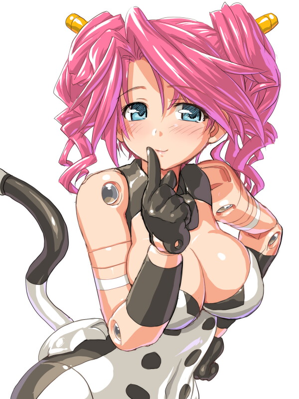 bare_shoulders blue_eyes breasts busou_shinki cleavage dd_(ijigendd) doll_joints gloves hand_on_hip large_breasts long_hair pink_hair simple_background smile solo tail vitulus white_background