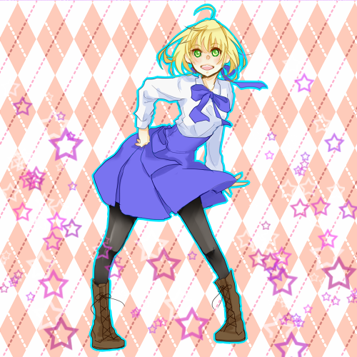 ahoge argyle argyle_background artoria_pendragon_(all) blonde_hair boots casual dress fate/stay_night fate_(series) green_eyes hair_ribbon hoshiume lowres pantyhose ribbon saber solo