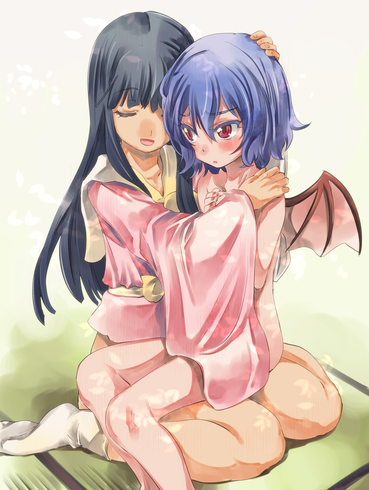 bat_wings black_hair blue_hair bottomless closed_eyes clothed_female_nude_female colored_eyelashes embarrassed hand_on_another's_head houraisan_kaguya long_hair multiple_girls nude open_mouth red_eyes remilia_scarlet short_hair sitting sitting_on_lap sitting_on_person smile touhou wide_sleeves wings yohane yuri