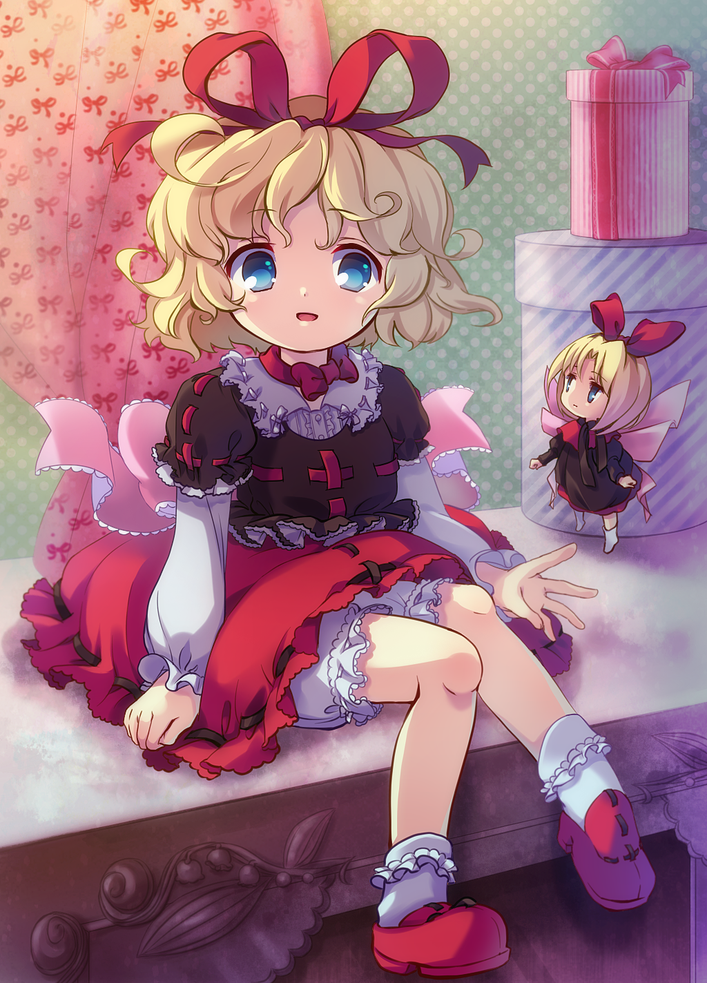 amo bare_legs blonde_hair bloomers blue_eyes bobby_socks bow box brown_dress choker curtains dress fairy_wings gift gift_box hair_ribbon highres juliet_sleeves long_sleeves looking_at_viewer medicine_melancholy minigirl open_mouth puffy_sleeves red_footwear ribbon ribbon_choker shirt shoes short_hair short_over_long_sleeves short_sleeves sitting skirt skirt_set smile socks su-san touhou underwear white_legwear wings