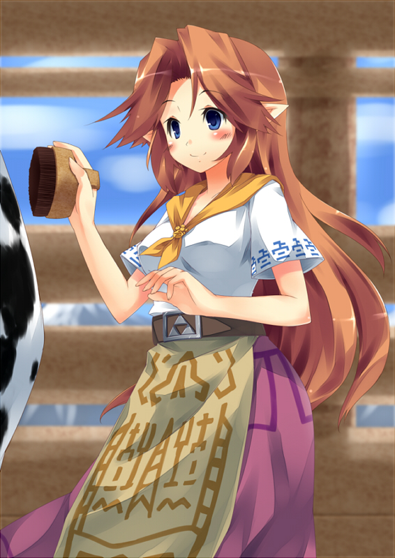 belt blue_eyes blush brown_hair brush chikyuujin_a cow cremia long_hair pointy_ears skirt smile solo the_legend_of_zelda the_legend_of_zelda:_majora's_mask triforce