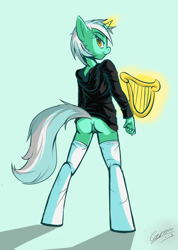 amber_eyes anthro anthrofied anus bottomless butt canonpony clothed clothing equine equine_legs female friendship_is_magic hair half-dressed hoodie horn legwear levitation looking_back lyra_(mlp) lyra_heartstrings_(mlp) magic mammal musical_instrument my_little_pony orange_eyes pussy solo stockings two_tone_hair unicorn