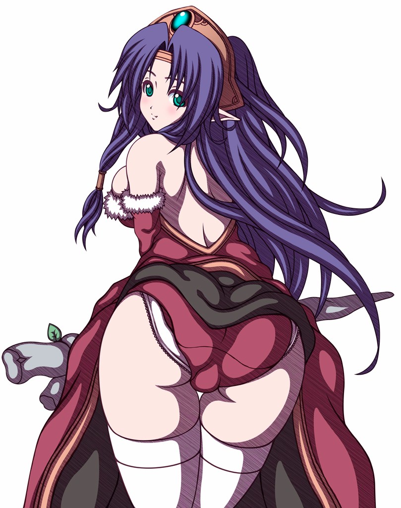 angela_(seiken_densetsu_3) ass bad_id bad_pixiv_id from_behind kojirou_(sion) leaf leotard long_hair looking_back pointy_ears purple_hair red_leotard seiken_densetsu seiken_densetsu_3 simple_background solo staff white_background