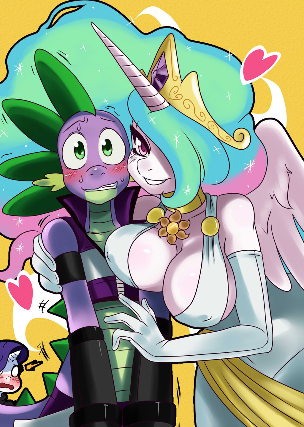 &lt;3 anthro blush breasts clothing dragon equine friendship_is_magic gloves green_eyes hair horn looking_at_viewer multi-colored_hair my_little_pony necklace princess_celestia_(mlp) rarity_(mlp) tiara wings