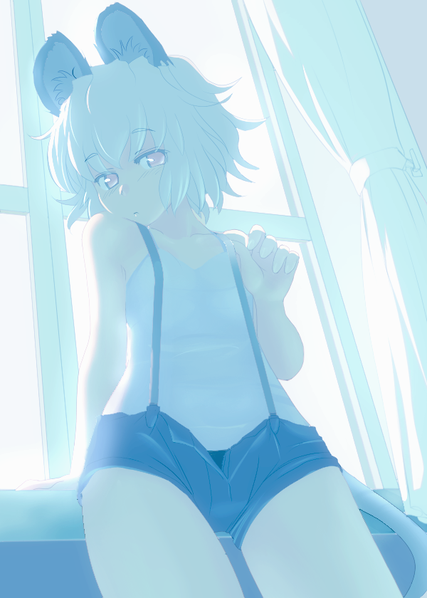 animal_ears brown_eyes curtains ishikkoro mouse_ears mouse_tail nazrin short_hair short_shorts shorts solo suspender_shorts suspenders suspenders_pull tail touhou window
