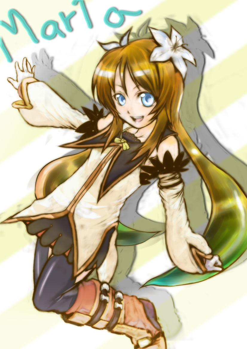 boots brown_hair character_name flower green_eyes hair_flower hair_ornament knee_boots long_hair mantake marta_lualdi miniskirt open_mouth skirt solo tales_of_(series) tales_of_symphonia tales_of_symphonia_knight_of_ratatosk