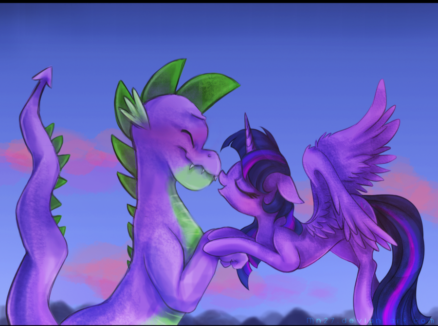 cloud clouds dragon equine eyes_closed fangs female feral flying friendship_is_magic hair horn horse male mammal mn27 multi-colored_hair my_little_pony nose_kiss outside pony scalie sky spike_(mlp) twilight_sparkle_(mlp) winged_unicorn wings