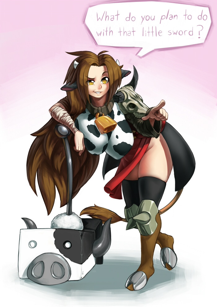 animal_ears animal_print armor bandages bell bell_collar black_legwear boots borrowed_character breasts brown_eyes brown_hair collar cow_bell cow_ears cow_girl cow_horns cow_print ego_trigger english fantasy hanging_breasts horns huge_breasts koi_drake leaning_forward long_hair mattie_(ego_trigger) no_panties original pauldrons pointing side_slit skirt skull solo thighhighs very_long_hair warhammer weapon