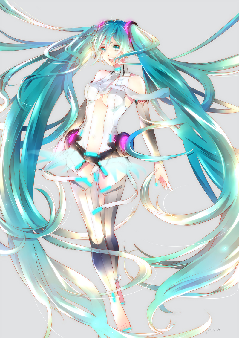 anklet aqua_eyes aqua_hair bad_id bad_pixiv_id barefoot bridal_gauntlets center_opening full_body hatsune_miku hatsune_miku_(append) jewelry long_hair melo_(m_0514) navel necktie open_mouth simple_background solo thighhighs toeless_legwear twintails very_long_hair vocaloid vocaloid_append