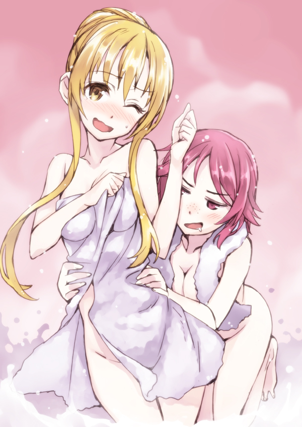 :d ;d alternate_hairstyle asuna_(sao) bad_id bad_pixiv_id barefoot blush breasts brown_eyes brown_hair cleavage drooling freckles hair_up hands_on_another's_hips lisbeth long_hair matsuryuu medium_breasts multiple_girls naked_towel one_eye_closed open_mouth pink_eyes pink_hair saliva short_hair smile sword_art_online towel towel_around_neck wavy_mouth yuri