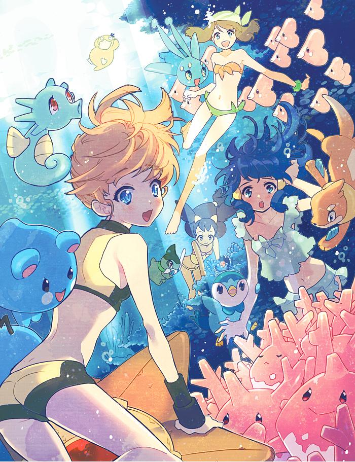 4girls axew azurill blue_eyes blue_hair brown_hair buizel clamperl corsola dark_skin haruka_(pokemon) hikari_(pokemon) horsea iris_(pokemon) kasumi_(pokemon) luvdisc manaphy multiple_girls nintendo ocean orange_hair piplup pokemon pokemon_(anime) psyduck purple_hair staryu