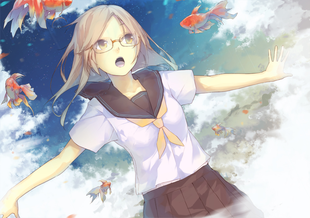 blonde_hair cloud fish glasses goldfish la-na long_hair open_mouth original outstretched_arms school_uniform serafuku skirt solo spread_arms star_(sky) yellow_eyes
